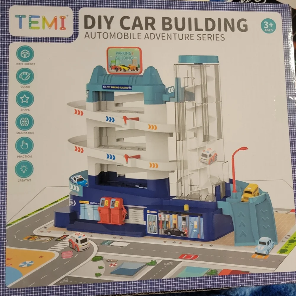 Garage Building Parking Lot Toy Set Perfect Gift Includes 4 Vehicles and Playmat
